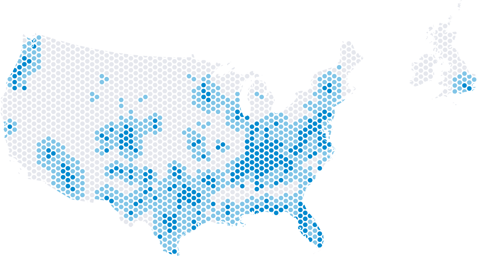 Hexagonal grid map of the United States with blue shaded areas indicating data points.