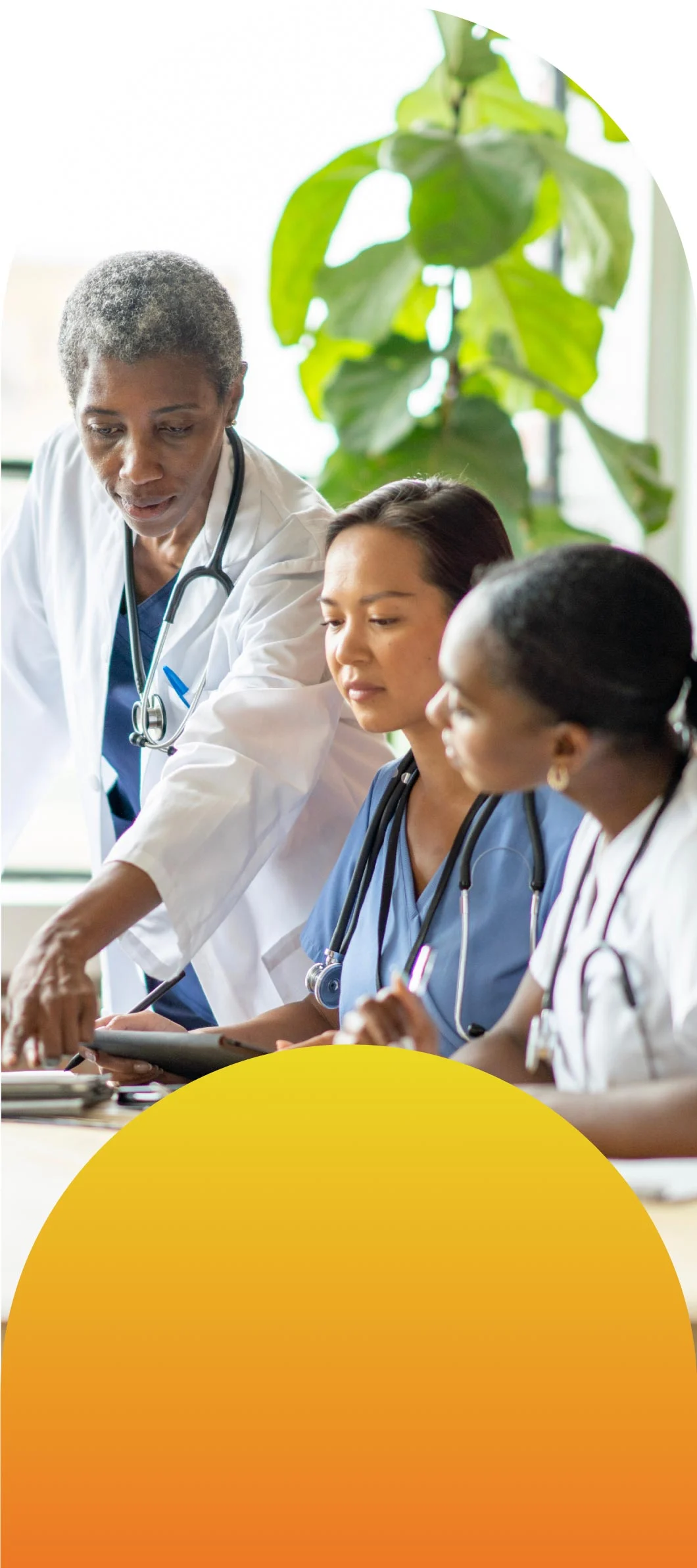 Three people looing at a some reports